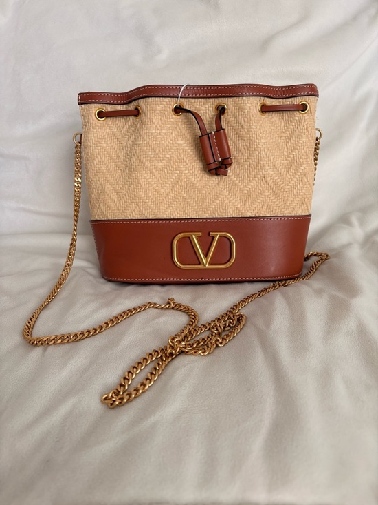 Valentino Handbags - Valentino Garavani Beige Raffia & Brown Leather Bucket Crossbody with Gold Chain